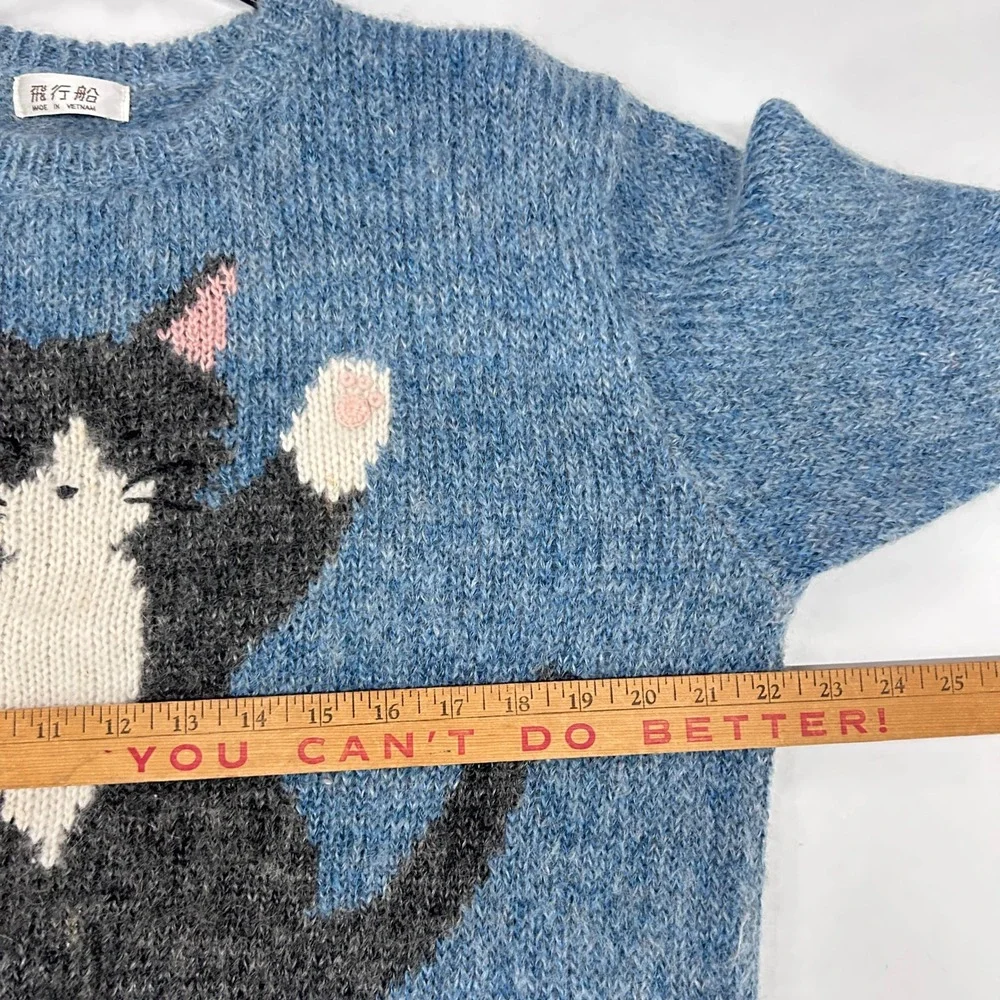 Vintage Wool Blend Tuxedo Cat Sweater Fuzzy Blue Novelty Kitsch Grandmacore